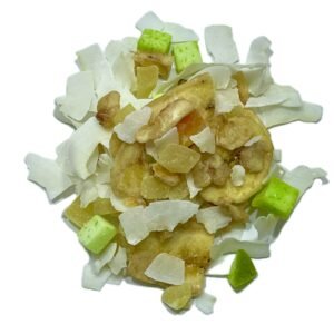 Explosión de Dulzura y Color Disfruta de un viaje tropical en cada bocado con nuestro mix de frutas deshidratadas: piña, mango, papaya, banana, coco y pasas Thompson. Dulce, aromático y lleno de energía natural.