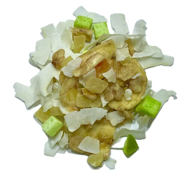 Explosión de Dulzura y Color Disfruta de un viaje tropical en cada bocado con nuestro mix de frutas deshidratadas: piña, mango, papaya, banana, coco y pasas Thompson. Dulce, aromático y lleno de energía natural.