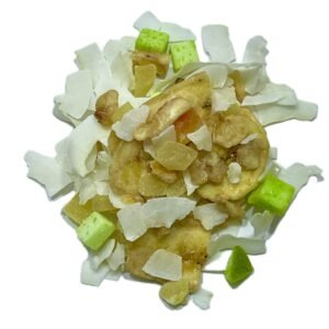 Explosión de Dulzura y Color Disfruta de un viaje tropical en cada bocado con nuestro mix de frutas deshidratadas: piña, mango, papaya, banana, coco y pasas Thompson. Dulce, aromático y lleno de energía natural.