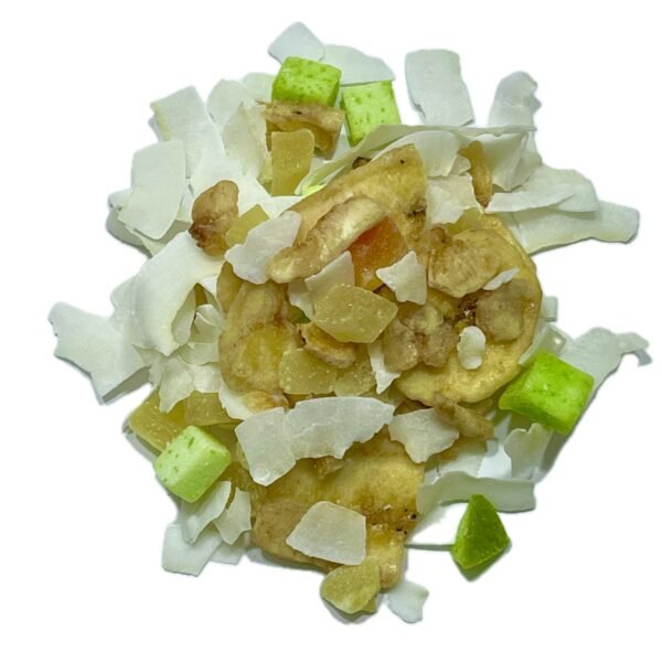 Mix de frutos tropicales Explosión de Dulzura y Color Disfruta de un viaje tropical en cada bocado con nuestro mix de frutas deshidratadas: piña, mango, papaya, banana, coco y pasas Thompson. Dulce, aromático y lleno de energía natural.